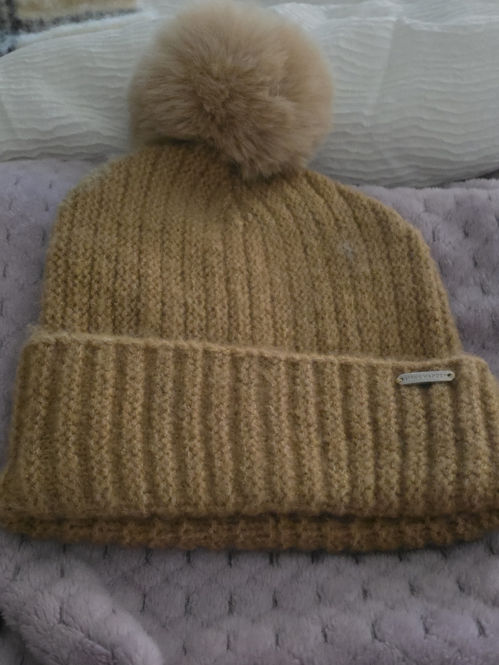 Steve Madden Camel Knit Beanie with Faux Fur Pom